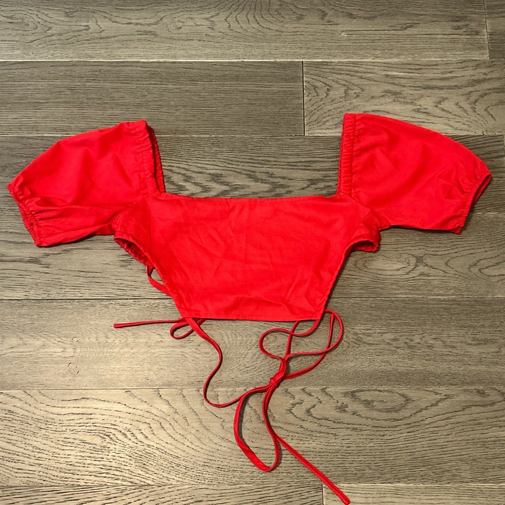 Shein red puff sleeve crop top